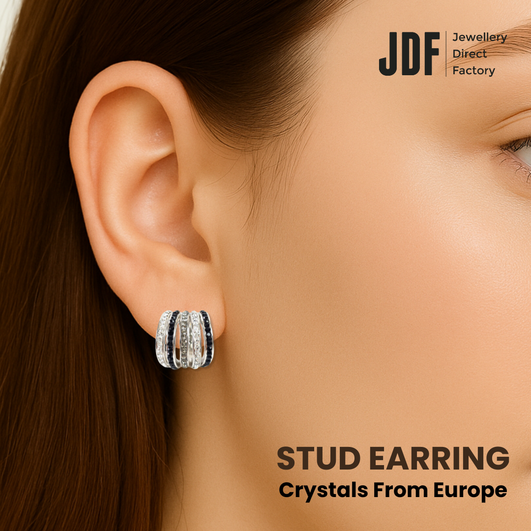Multi-Band Stud Earrings with Crystals from Europe, Crystal Earrings, Worn by Model, Crystals from Europe, One-Year Warranty - Jewellery Direct Factory in alabaster background