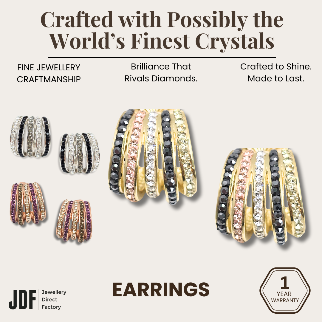 Multi-Band Stud Earrings with Crystals from Europe, Crystal Earrings, Silver, Rose Gold, Gold, Crystals from Europe, One-Year Warranty - Jewellery Direct Factory in alabaster background