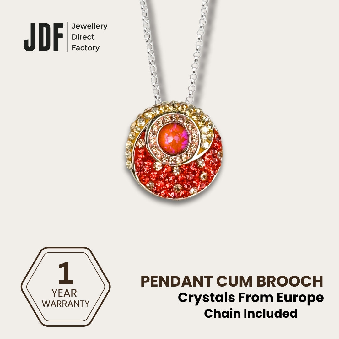 Energy Round Pendant Cum Brooch with Crystal From Europe, Pendant Brooch, Orange, Crystal From Europe, One-Year Warranty - Jewellery Direct Factory in alabaster background