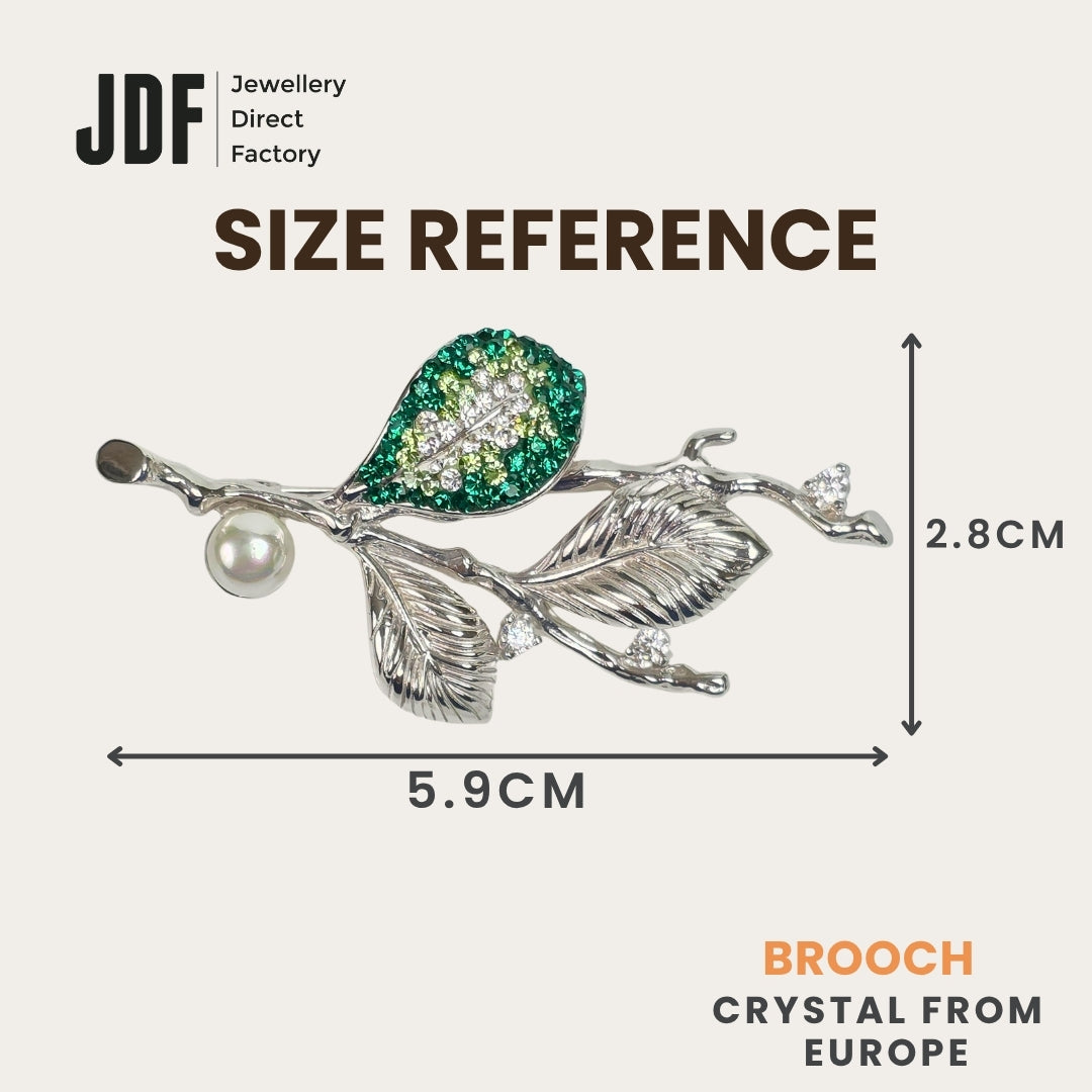 Pearl Leaves Brooch with Crystal From Europe, Brooch, Size Reference, Crystals from Europe, One-Year Warranty - Jewellery Direct Factory in alabaster background