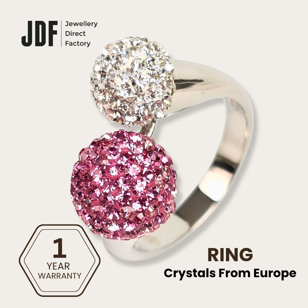 Double Lollipop Ring with Crystal From Europe, Crystal Ring, Pink, Crystal From Europe, One-Year Warranty - Jewellery Direct Factory in alabaster background