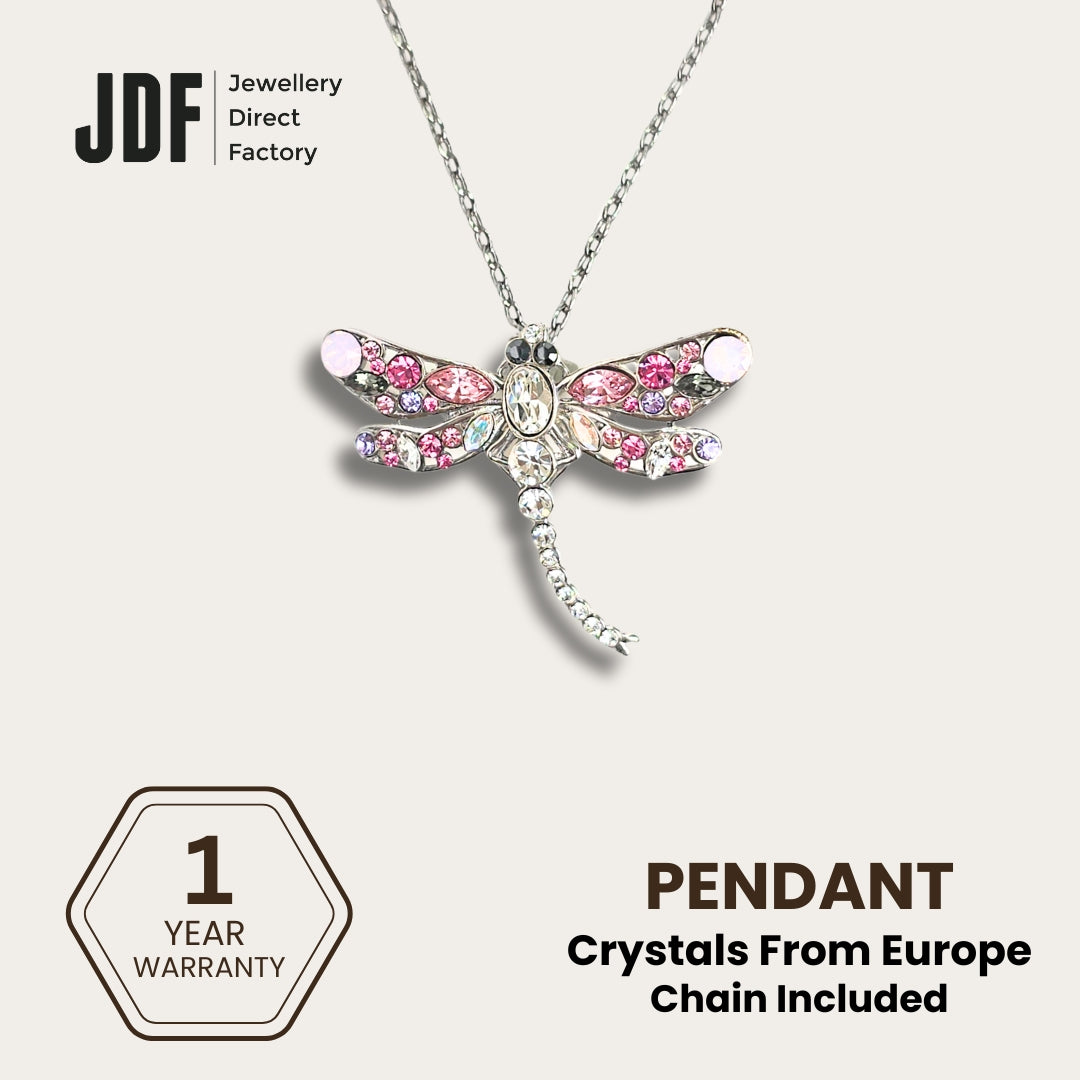 Dragonfly Pendant with Crystal From Europe, Crystal Pendant, Pink, Crystal From Europe, One-Year Warranty - Jewellery Direct Factory in alabaster background