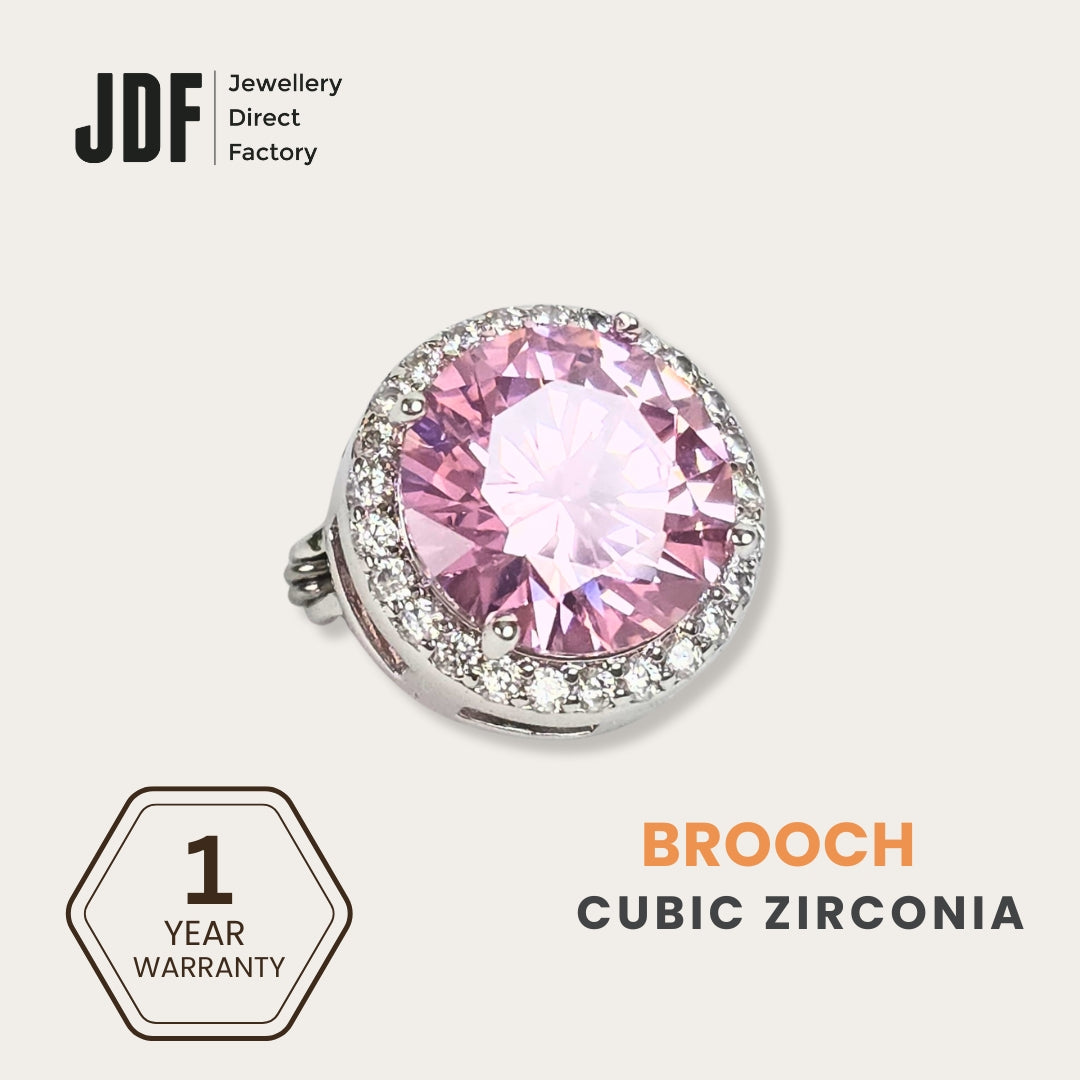 Round Brooch with Halo Design, Brooch, Pink, Crystals from Europe, One-Year Warranty - Jewellery Direct Factory in alabaster background