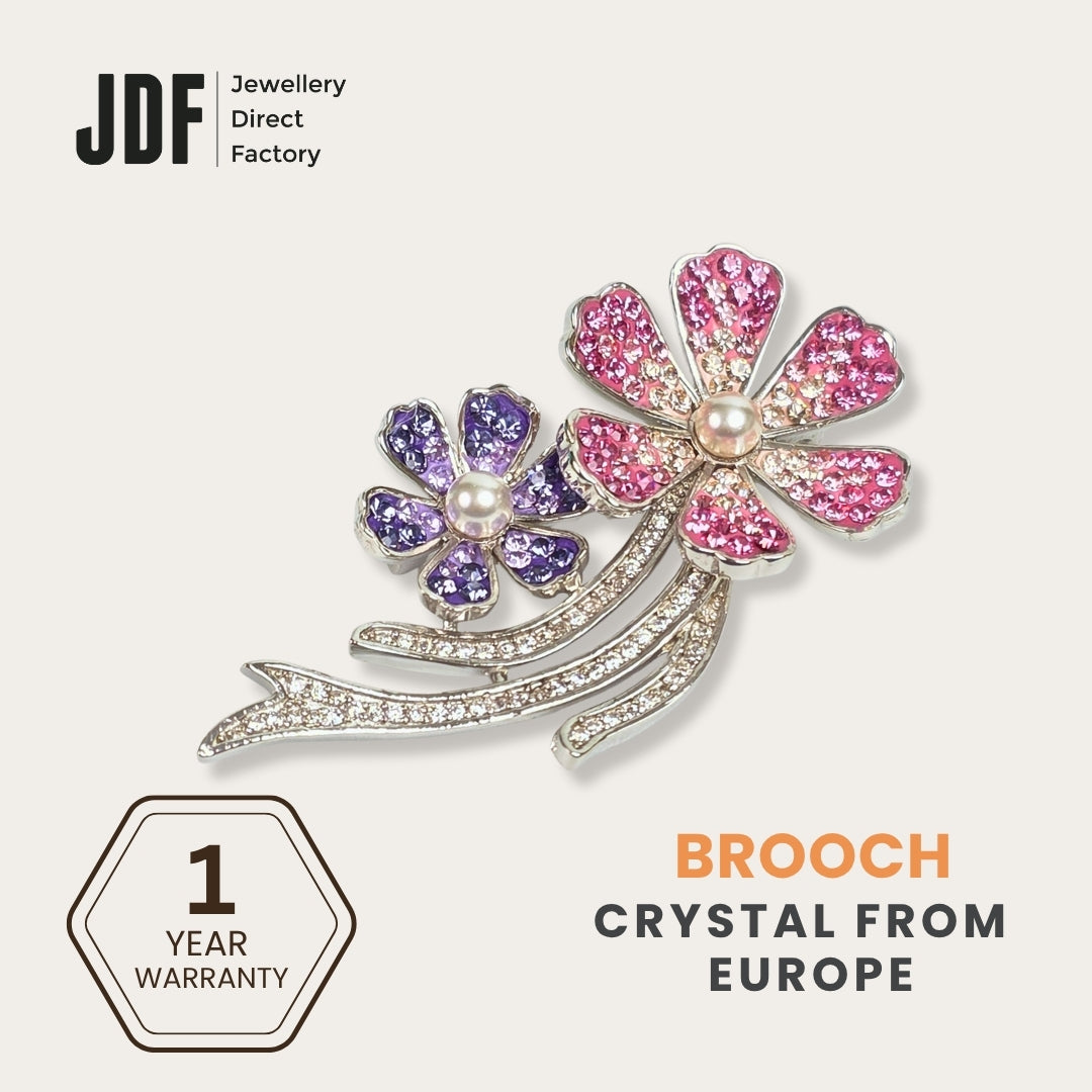 Twin Blossom Pearl Brooch with Crystal From Europe, Brooch, Pink, Crystals from Europe, One-Year Warranty - Jewellery Direct Factory in alabaster background