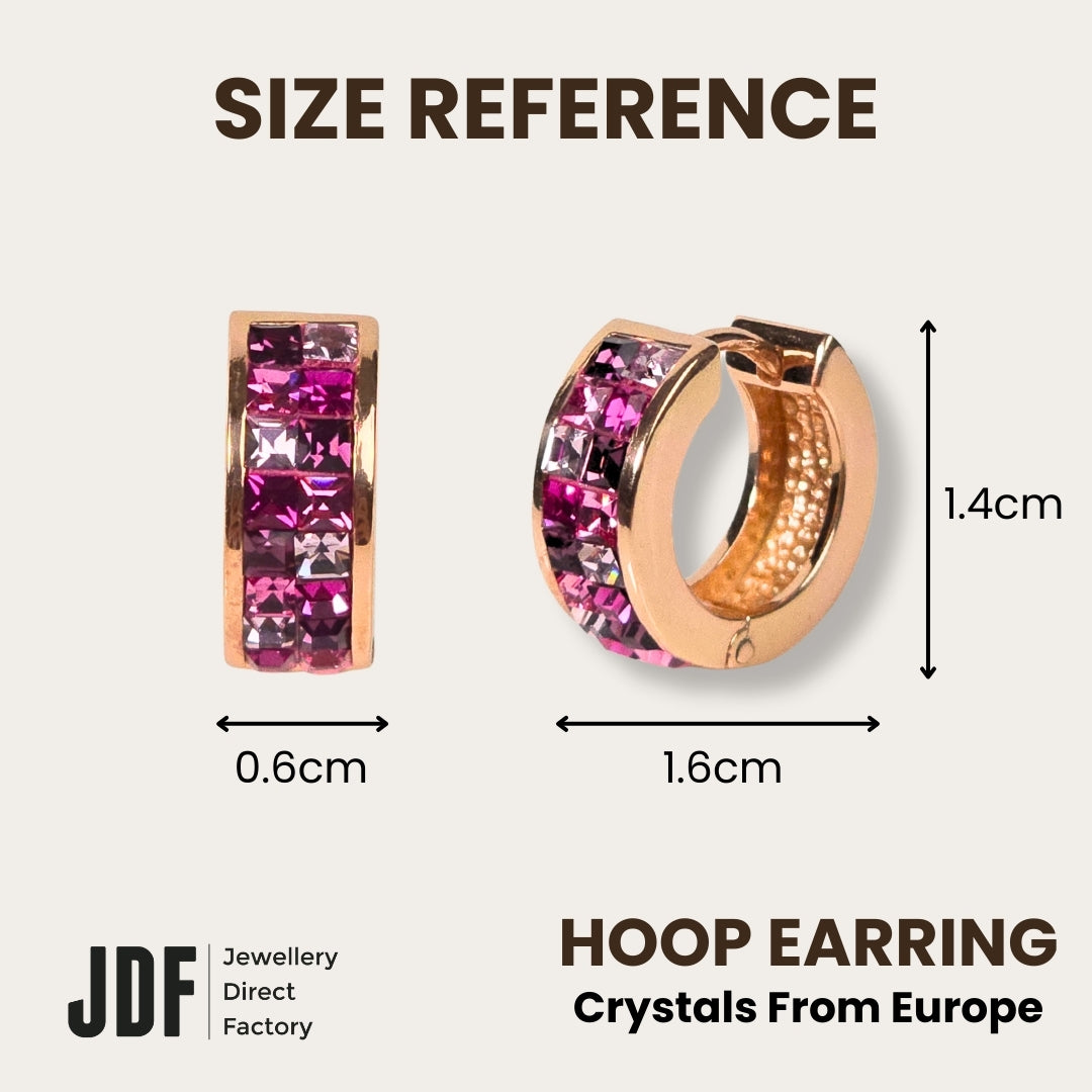 Princess Wide Huggies Earrings with Crystals from Europe, Crystal Earrings, Size Reference, Crystals from Europe, One-Year Warranty - Jewellery Direct Factory in alabaster background