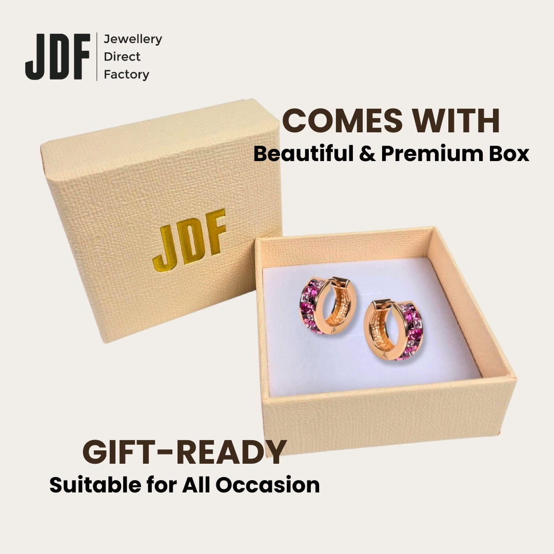 Princess Wide Huggies Earrings with Crystals from Europe, Crystal Earrings, Packaging Display, Crystals from Europe, One-Year Warranty - Jewellery Direct Factory in alabaster background