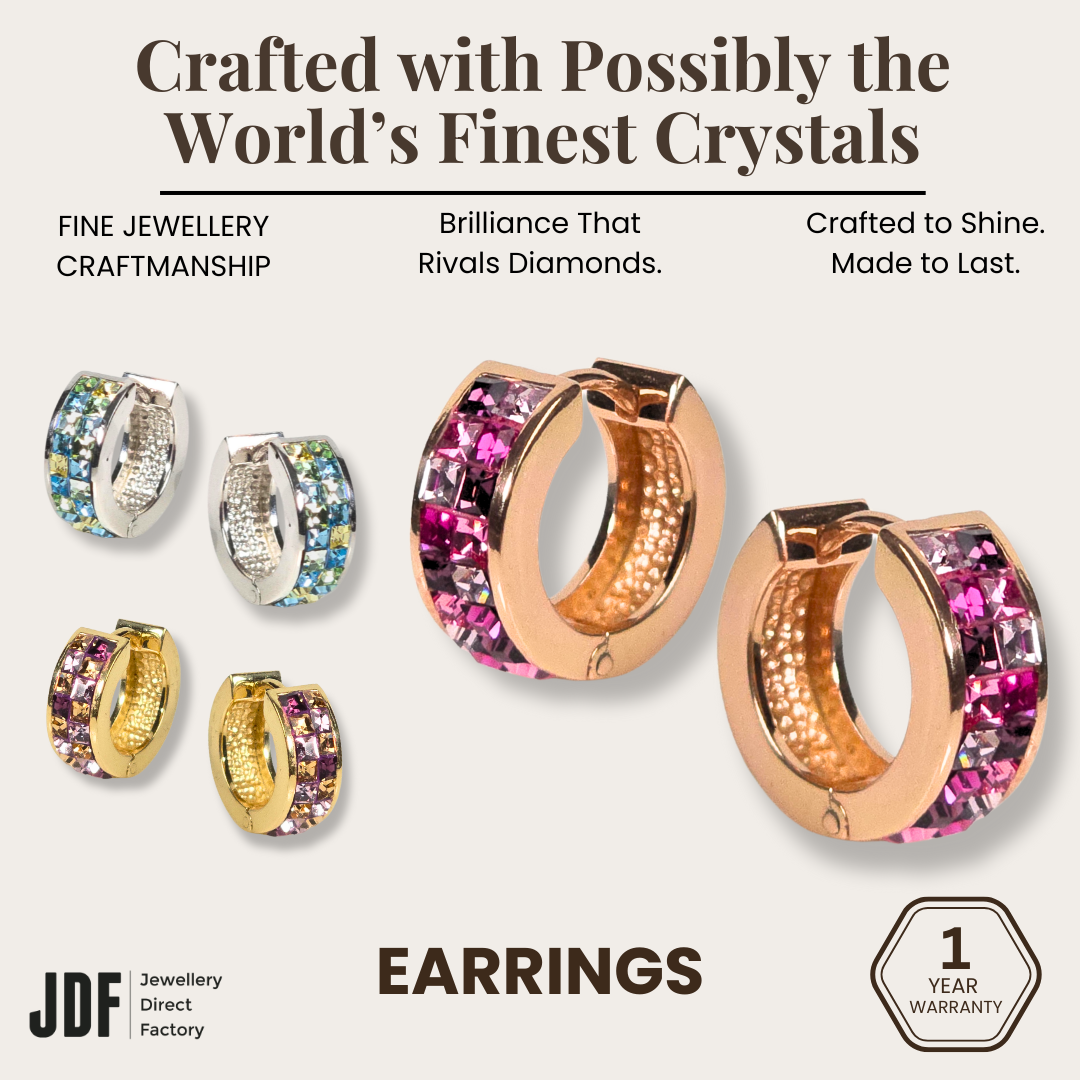 Princess Wide Huggies Earrings with Crystals from Europe, Crystal Earrings, White Gold, Rose Gold, Yellow Gold, Crystals from Europe, One-Year Warranty - Jewellery Direct Factory in alabaster background