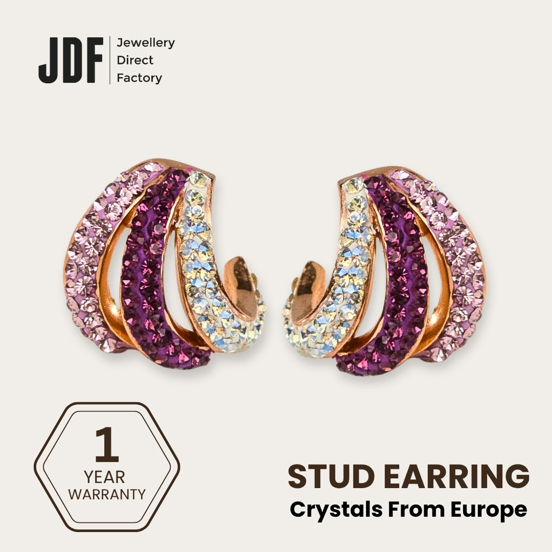 Aurora Curve Stud Earrings with Crystals from Europe, Crystal Earrings, Purple, Crystals from Europe, One-Year Warranty - Jewellery Direct Factory in alabaster background