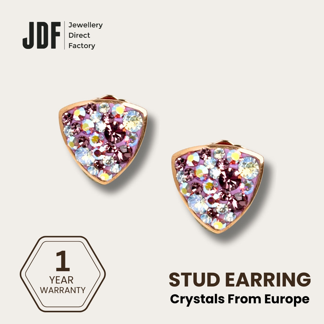 Aurora Shield Earrings with Crystals From Europe, Crystal Earrings, Purple, Crystals From Europe, One-Year Warranty - Jewellery Direct Factory in alabaster background