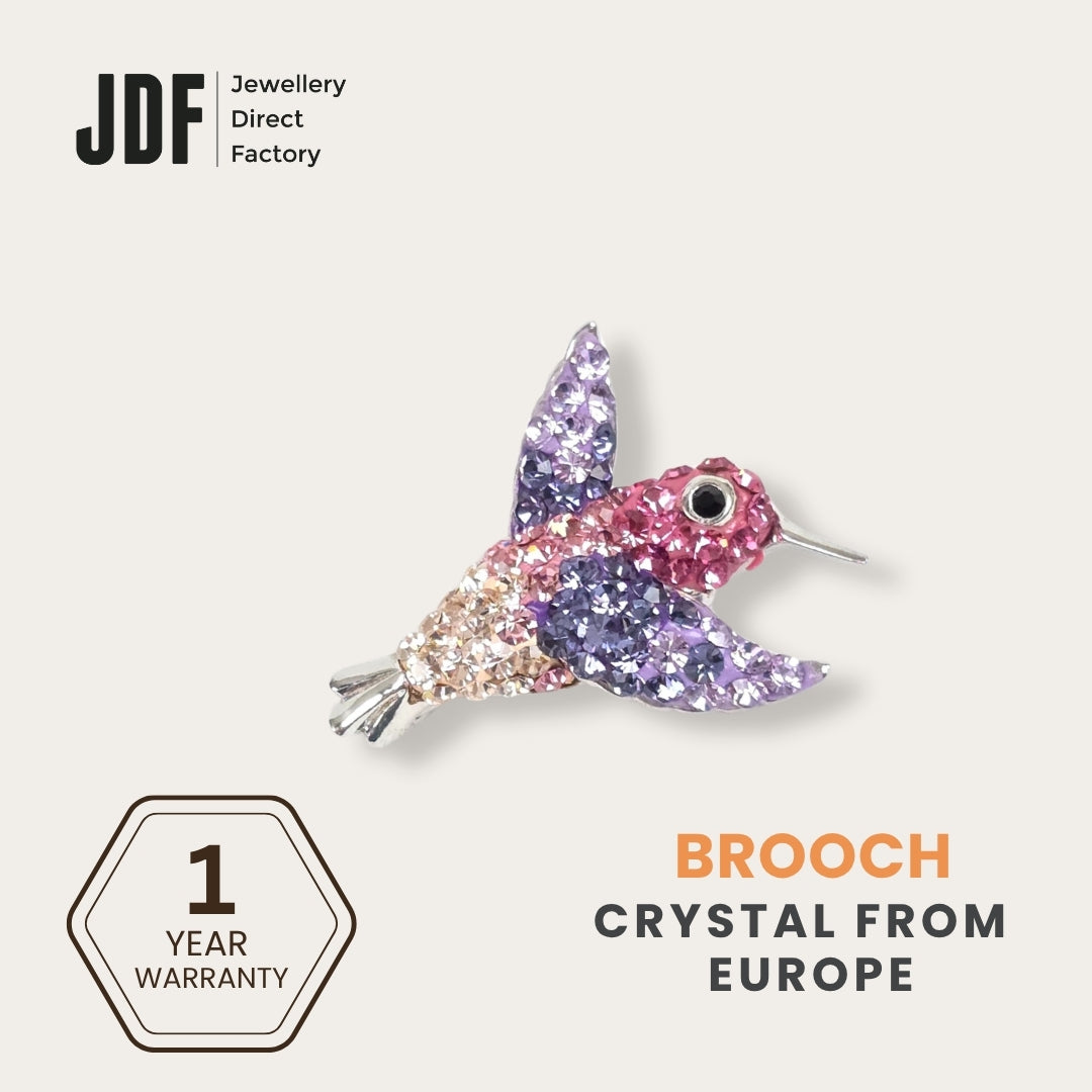 Hummingbird Brooch with Crystal From Europe, Brooch, Purple, Crystals from Europe, One-Year Warranty - Jewellery Direct Factory in alabaster background