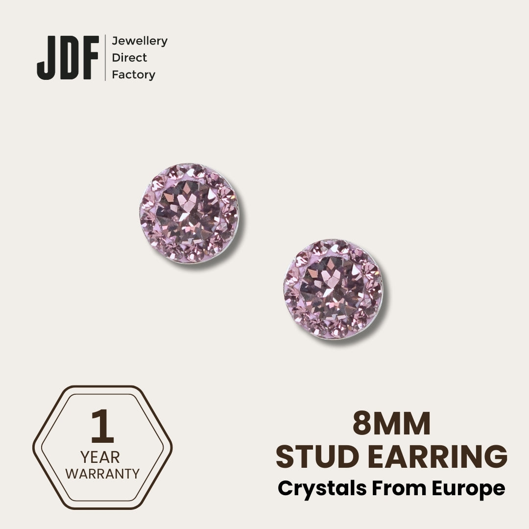 Mini Halo Round Stud Earrings with Crystals from Europe, Crystal Earrings, Purple, Crystals from Europe, One-Year Warranty - Jewellery Direct Factory in alabaster background