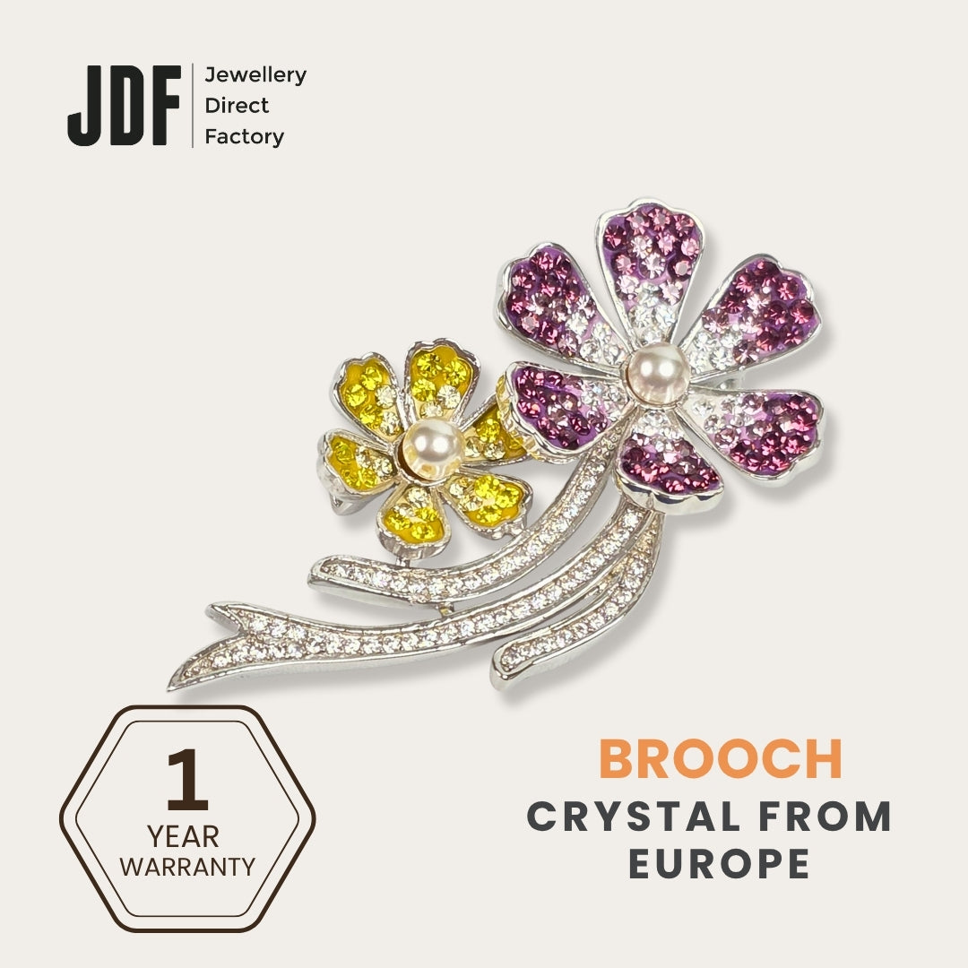 Twin Blossom Pearl Brooch with Crystal From Europe, Brooch, Purple, Crystals from Europe, One-Year Warranty - Jewellery Direct Factory in alabaster background
