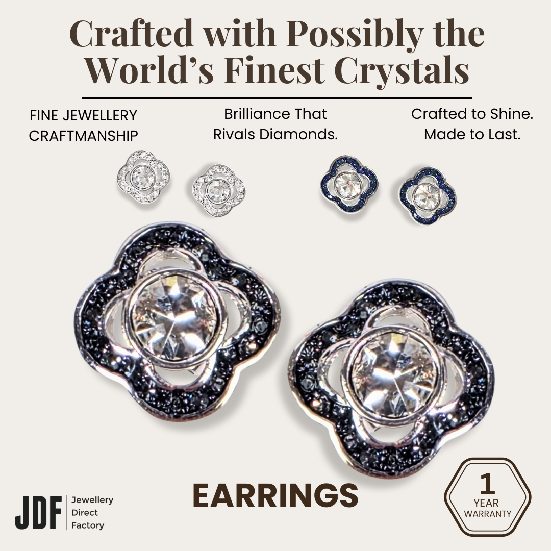 Quatrefoil Solitaire Stud Earrings, Earrings, Black, White, Dark Blue, Crystals from Europe, One-Year Warranty - Jewellery Direct Factory in alabaster background