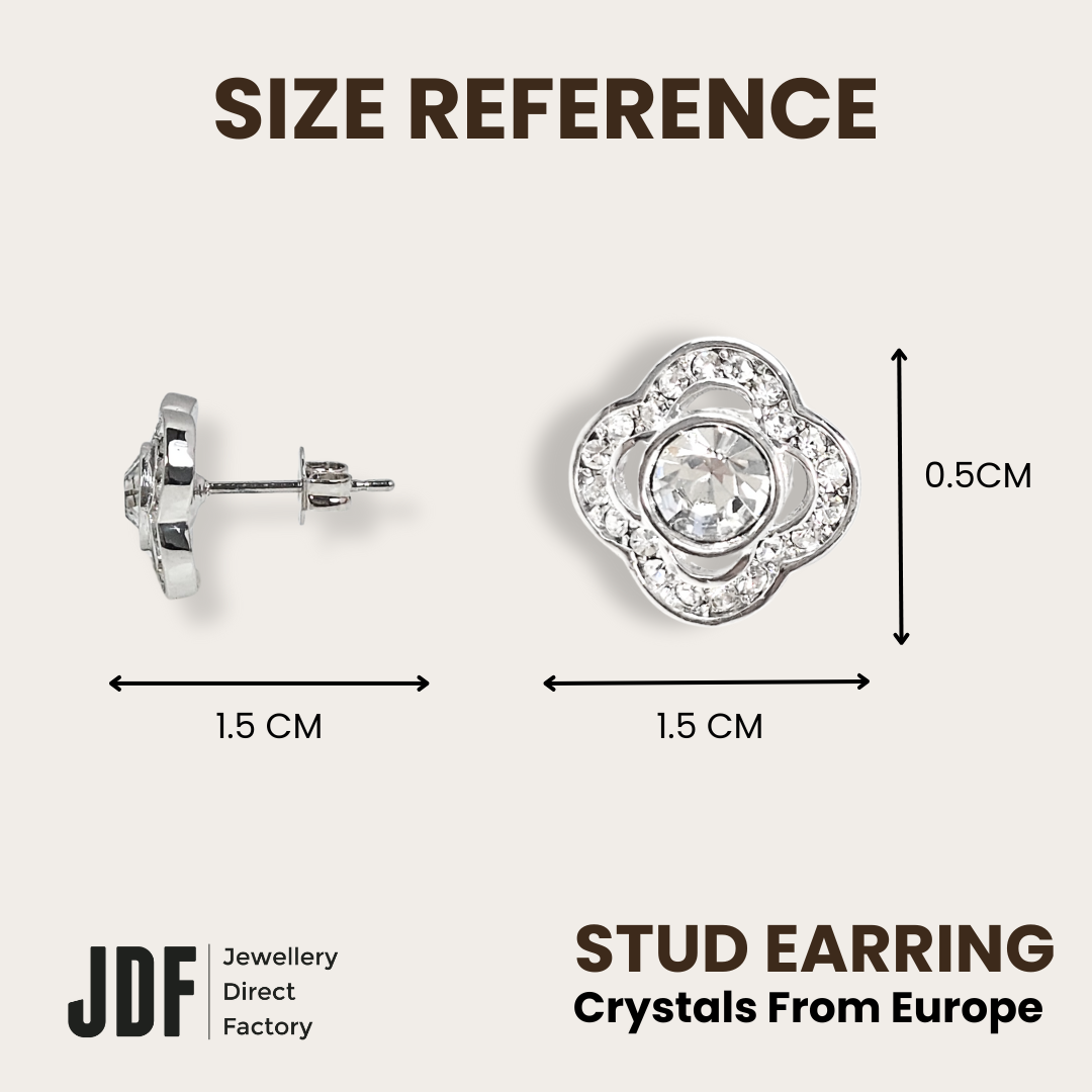 Quatrefoil Solitaire Stud Earrings, Earrings, Size Reference, Crystals from Europe, One-Year Warranty - Jewellery Direct Factory in alabaster background