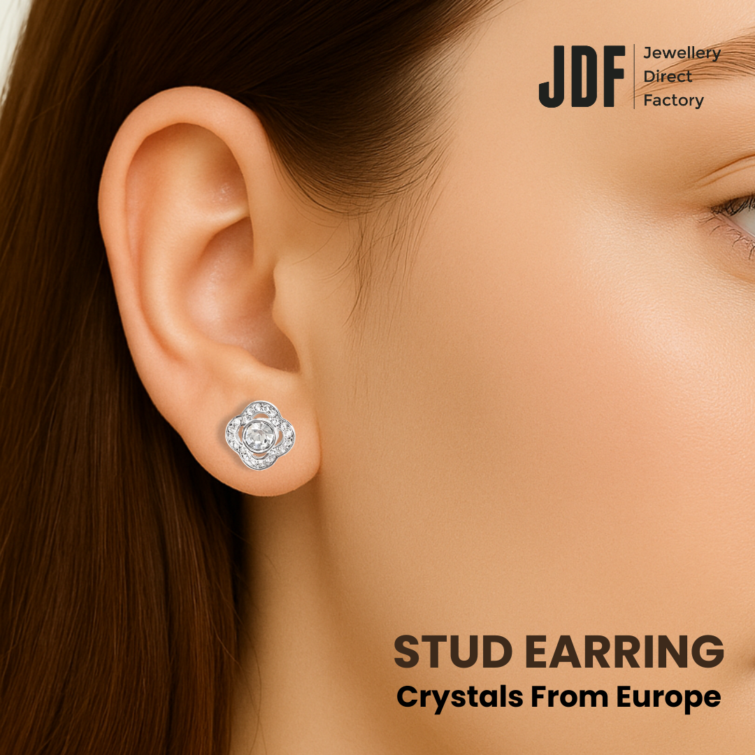 Quatrefoil Solitaire Stud Earrings, Earrings, Worn by Model, Crystals from Europe, One-Year Warranty - Jewellery Direct Factory in alabaster background