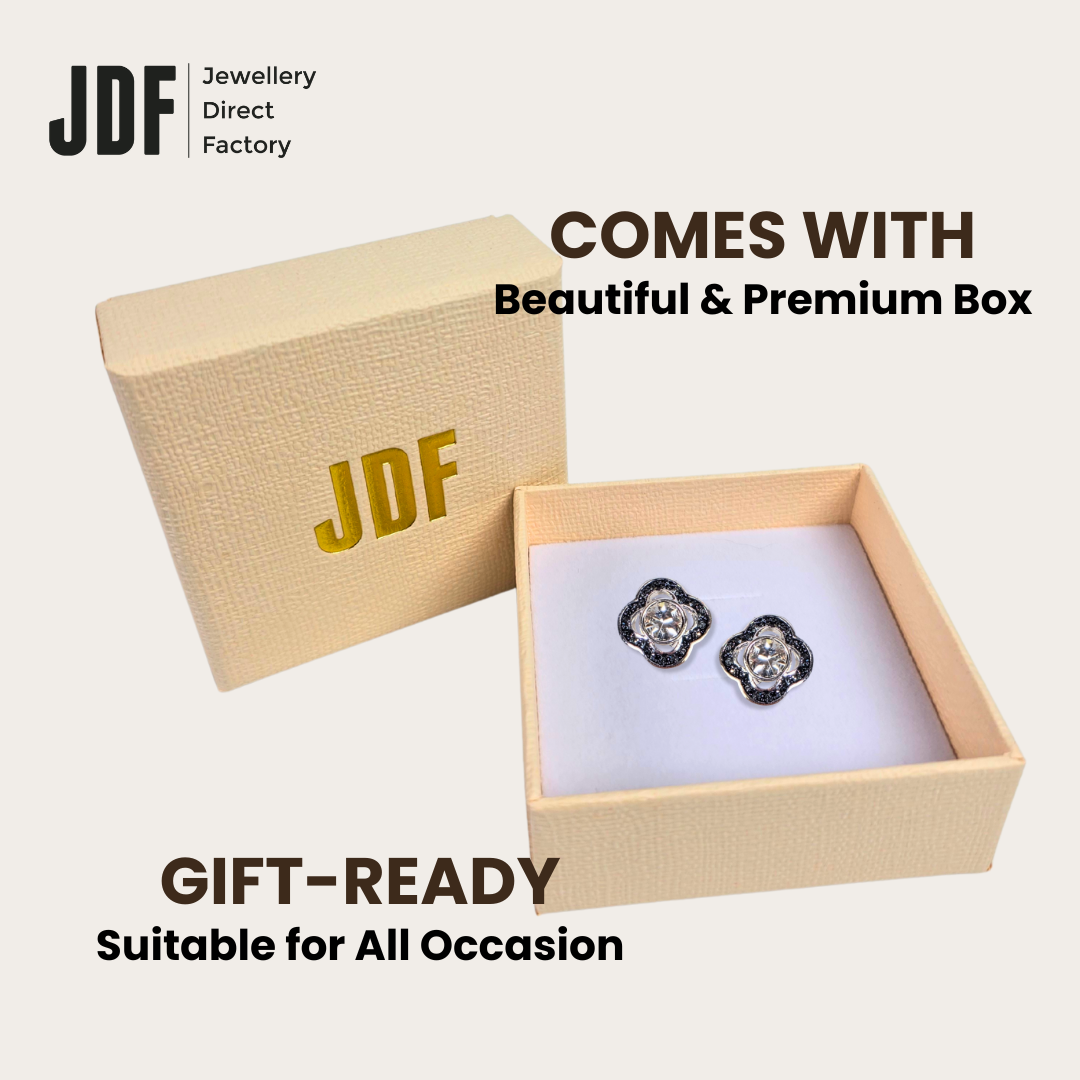 Quatrefoil Solitaire Stud Earrings, Earrings, Packaging Display, Crystals from Europe, One-Year Warranty - Jewellery Direct Factory in alabaster background