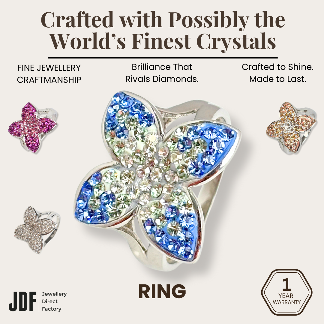 Queen Butterfly Ring with Crystals From Europe, Crystal Ring, Blue White Pink Fuchsia, Crystals From Europe, One-Year Warranty - Jewellery Direct Factory in alabaster background