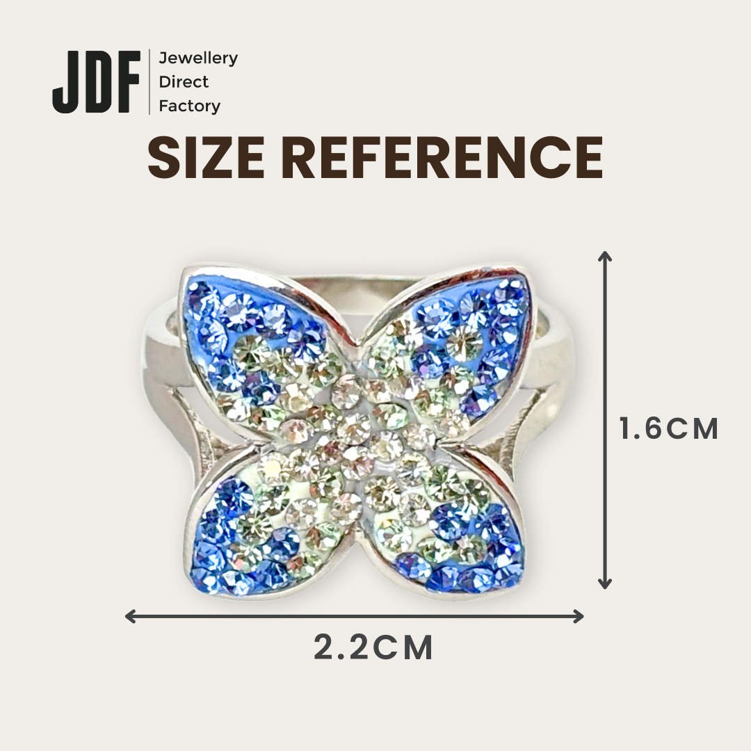 Queen Butterfly Ring with Crystals From Europe, Crystal Ring, Size Reference, Crystals From Europe, One-Year Warranty - Jewellery Direct Factory in alabaster background