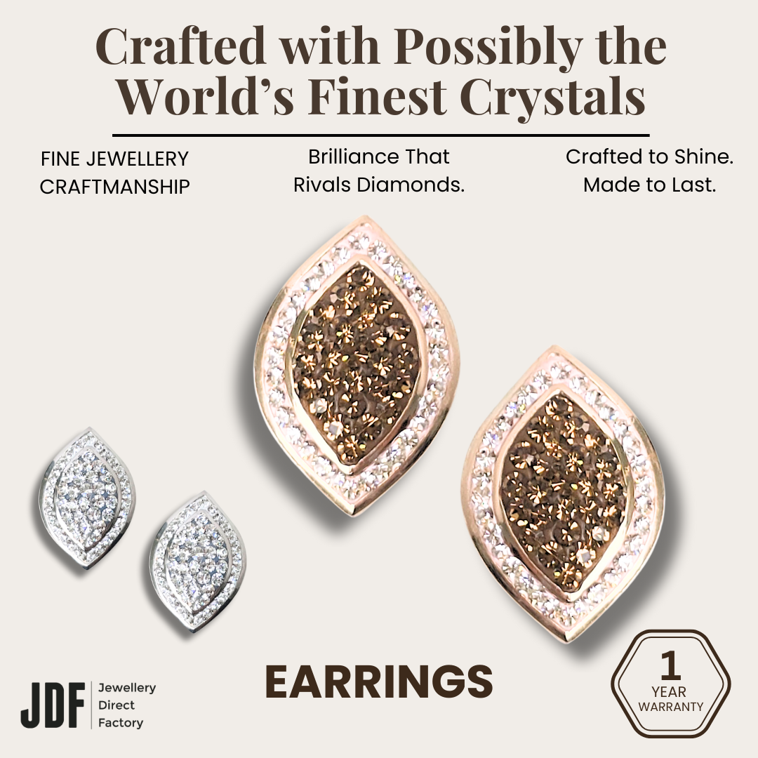 Radiant Marquise Earrings with Crystal From Europe, Crystal Earrings, White, Brown, Crystal From Europe, One-Year Warranty - Jewellery Direct Factory in alabaster background