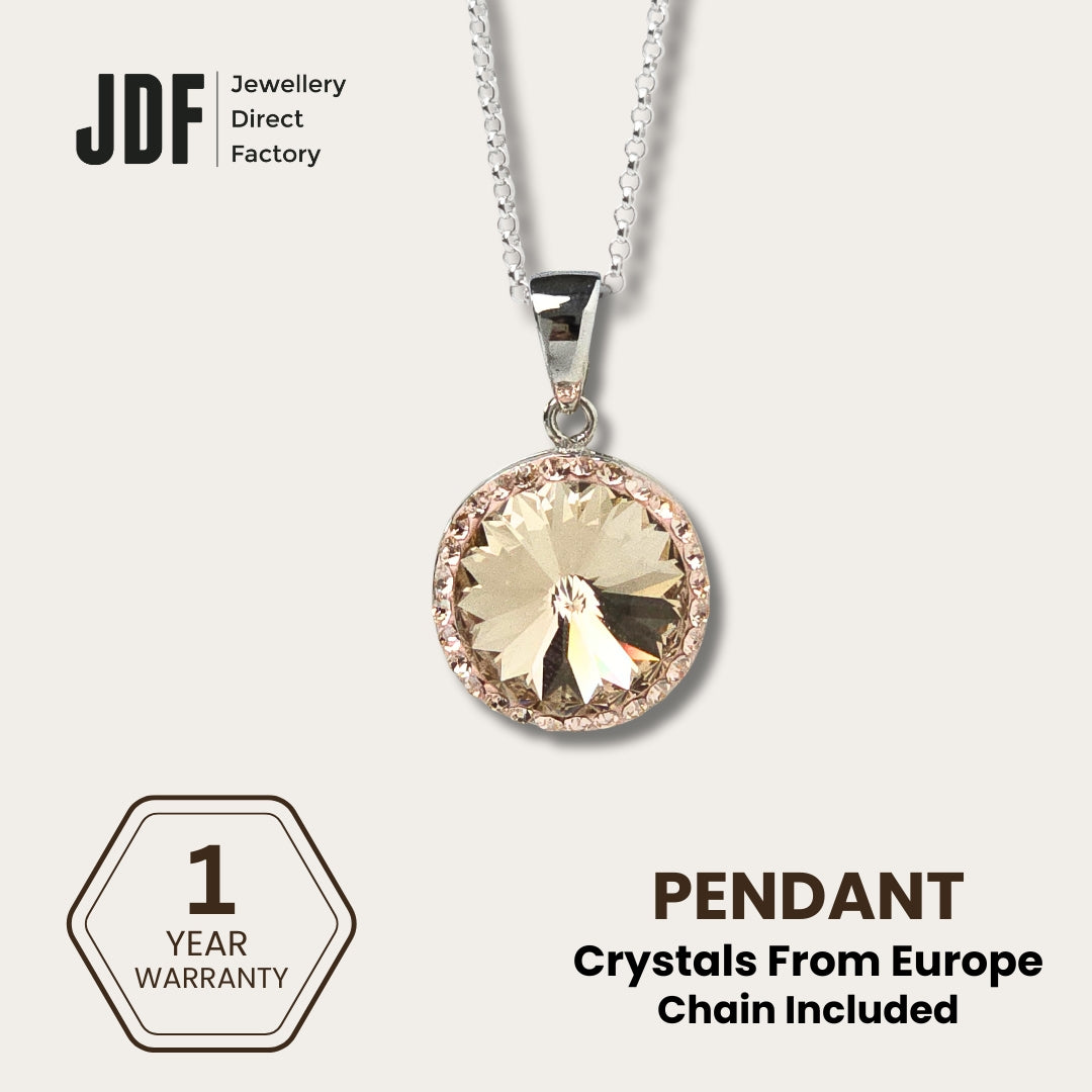 14mm Rivoli SW Rosegold Pendant with Crystal From Europe, Crystal Pendant, Rose Gold, Crystal From Europe, One-Year Warranty - Jewellery Direct Factory in alabaster background