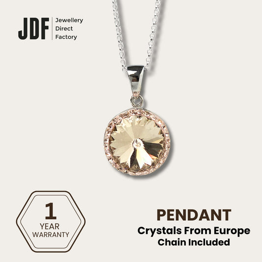 14mm Rivoli SW Rosegold Pendant with Crystal From Europe, Crystal Pendant, Rose Gold, Crystal From Europe, One-Year Warranty - Jewellery Direct Factory in alabaster background