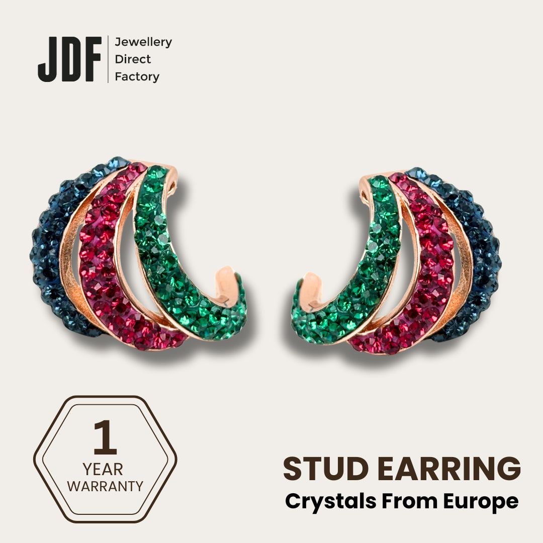 Aurora Curve Stud Earrings with Crystals from Europe, Crystal Earrings, Rose Gold, Crystals from Europe, One-Year Warranty - Jewellery Direct Factory in alabaster background