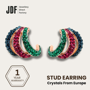 Aurora Curve Stud Earrings with Crystals from Europe, Crystal Earrings, Rose Gold, Crystals from Europe, One-Year Warranty - Jewellery Direct Factory in alabaster background
