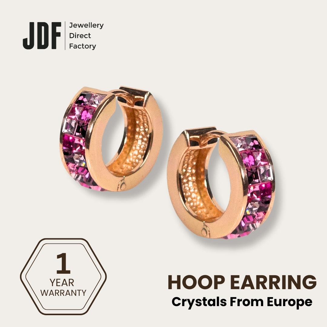 Princess Wide Huggies Earrings with Crystals from Europe, Crystal Earrings, Rose Gold, Crystals from Europe, One-Year Warranty - Jewellery Direct Factory in alabaster background