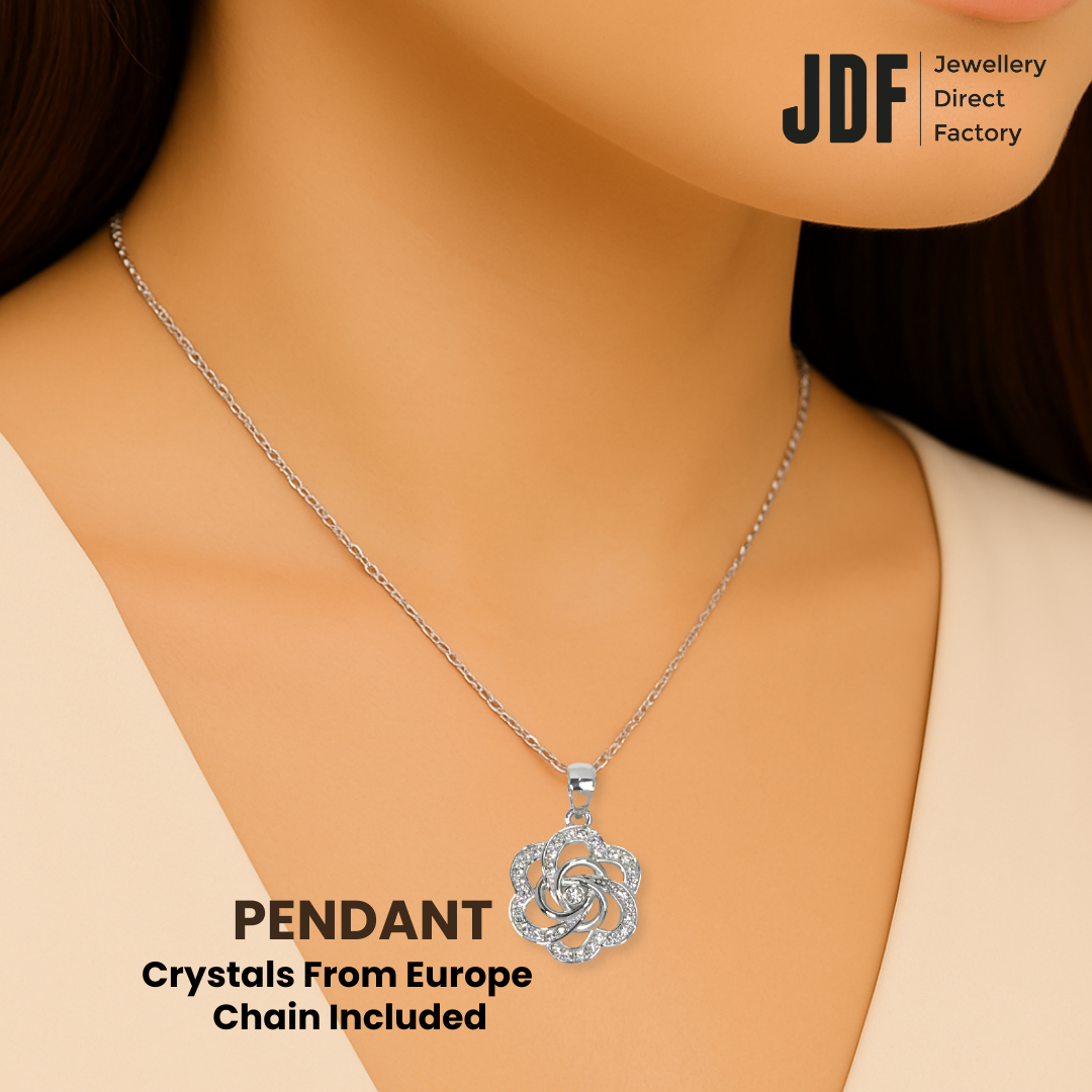 Rose Knot Pendant with Crystal From Europe, Crystal Pendant, Worn by Woman Model, Crystal From Europe, One-Year Warranty - Jewellery Direct Factory in alabaster background