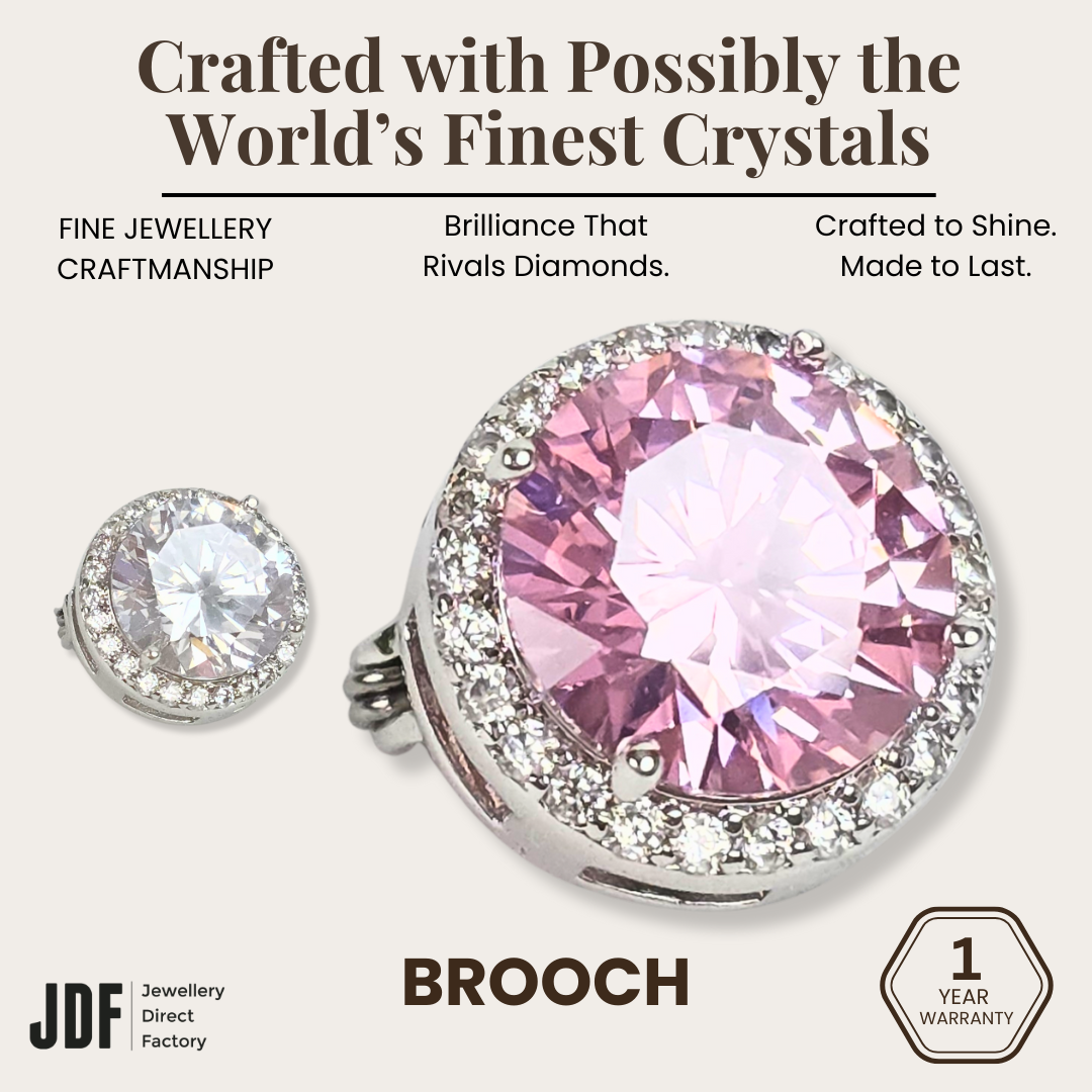 Round Brooch with Halo Design, Brooch, White, Pink, Crystals from Europe, One-Year Warranty - Jewellery Direct Factory in alabaster background