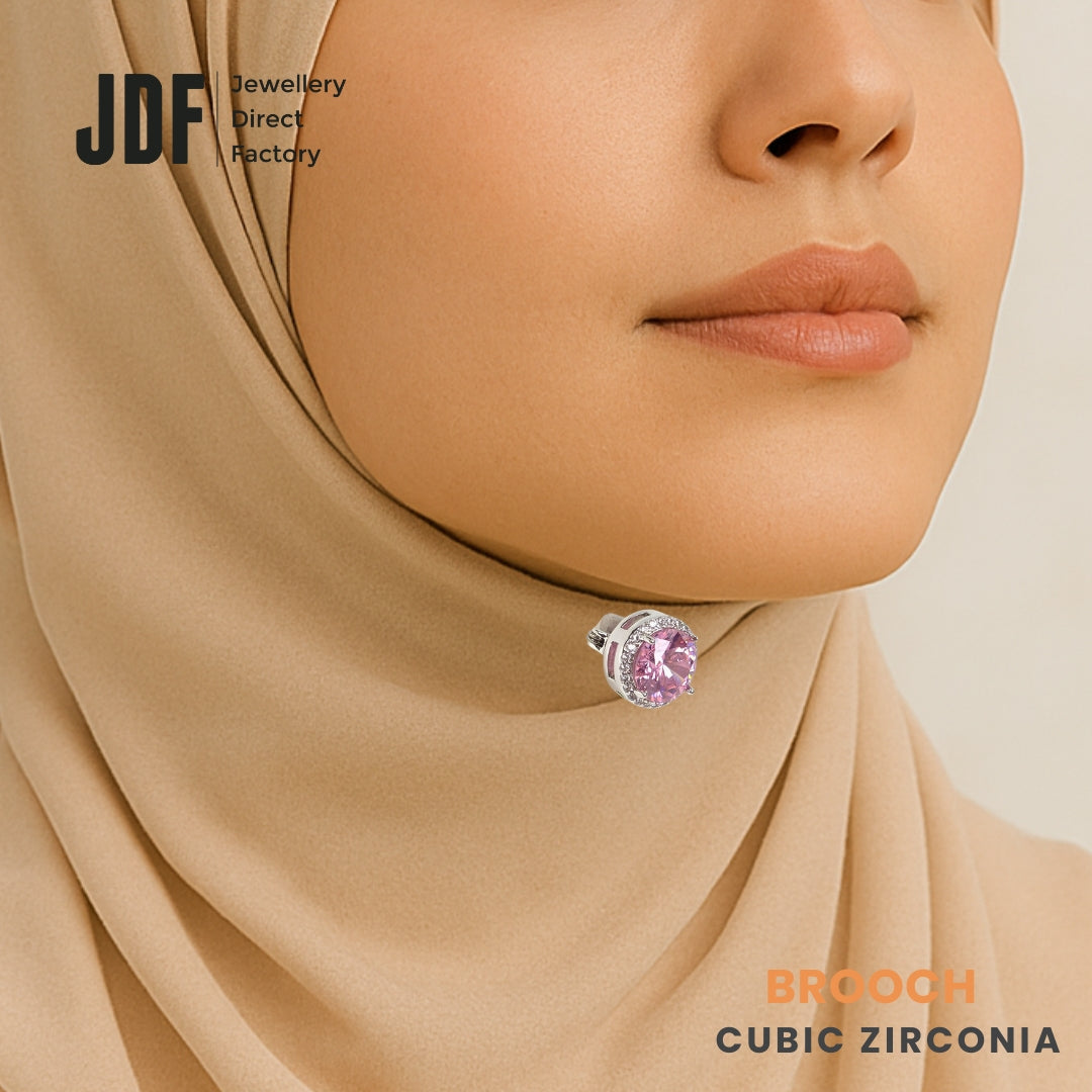 Round Brooch with Halo Design, Brooch, Worn on Tudung by Model, Crystals from Europe, One-Year Warranty - Jewellery Direct Factory in alabaster background