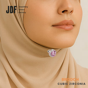 Round Brooch with Halo Design, Brooch, Worn on Tudung by Model, Crystals from Europe, One-Year Warranty - Jewellery Direct Factory in alabaster background