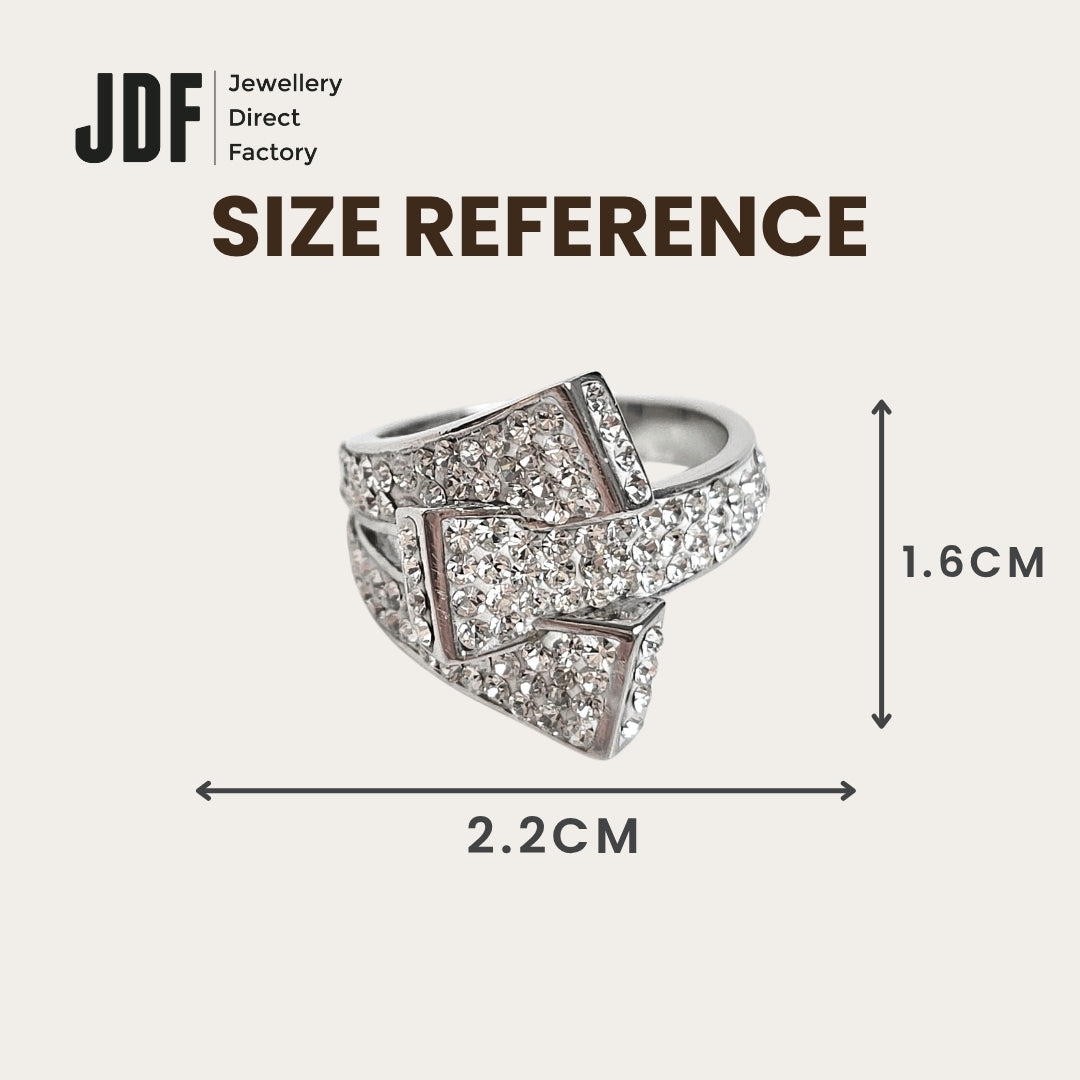 Signature Belt Design Ring with Crystals From Europe, Crystal Ring, Size Reference, Crystals From Europe, One-Year Warranty - Jewellery Direct Factory in alabaster background