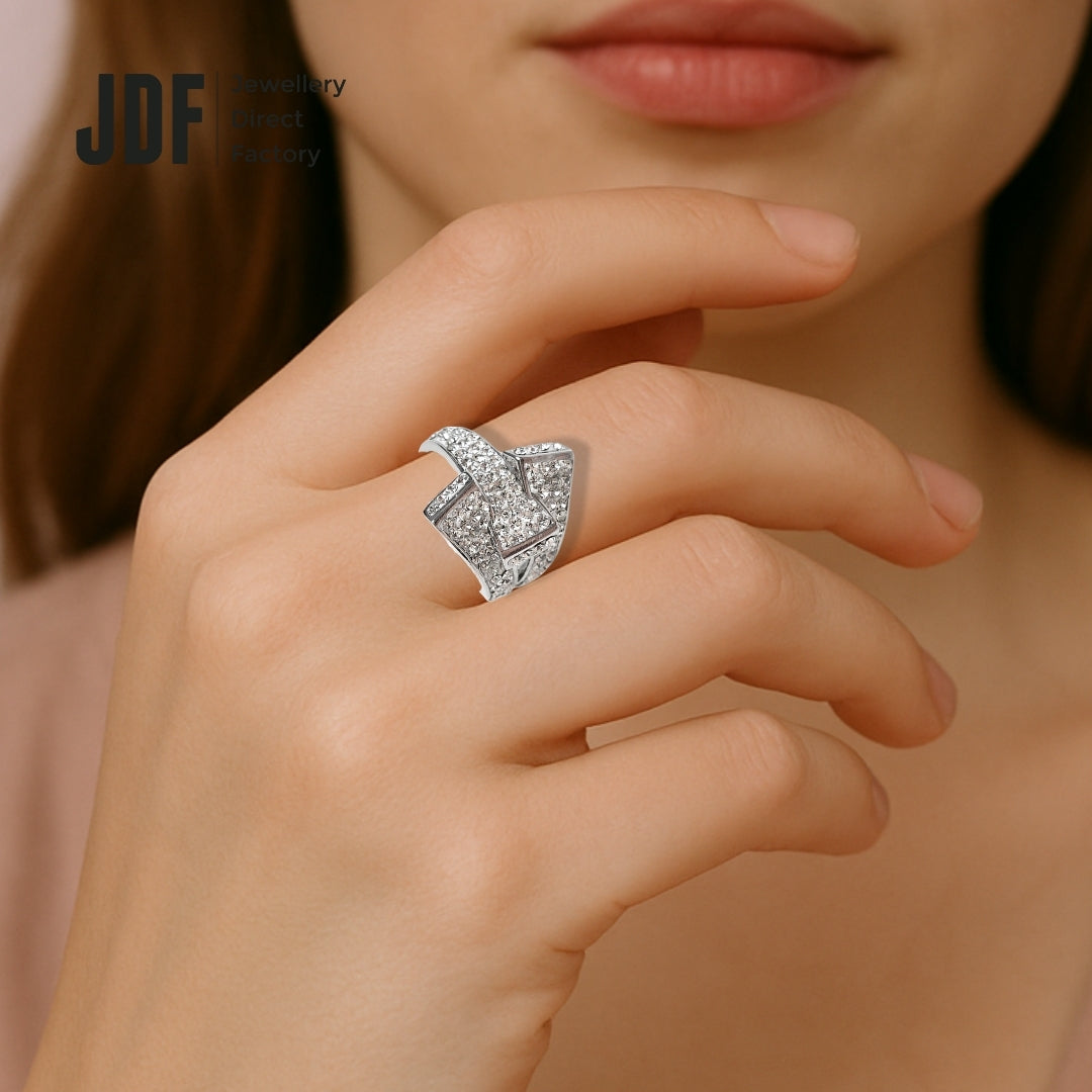 Signature Belt Design Ring with Crystals From Europe, Crystal Ring, Worn by Woman Model, Crystals From Europe, One-Year Warranty - Jewellery Direct Factory in alabaster background