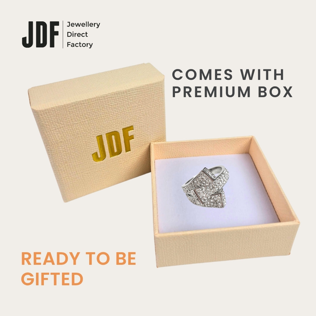 Signature Belt Design Ring with Crystals From Europe, Crystal Ring, Inside Jewellery Box Packaging, Crystals From Europe, One-Year Warranty - Jewellery Direct Factory in alabaster background