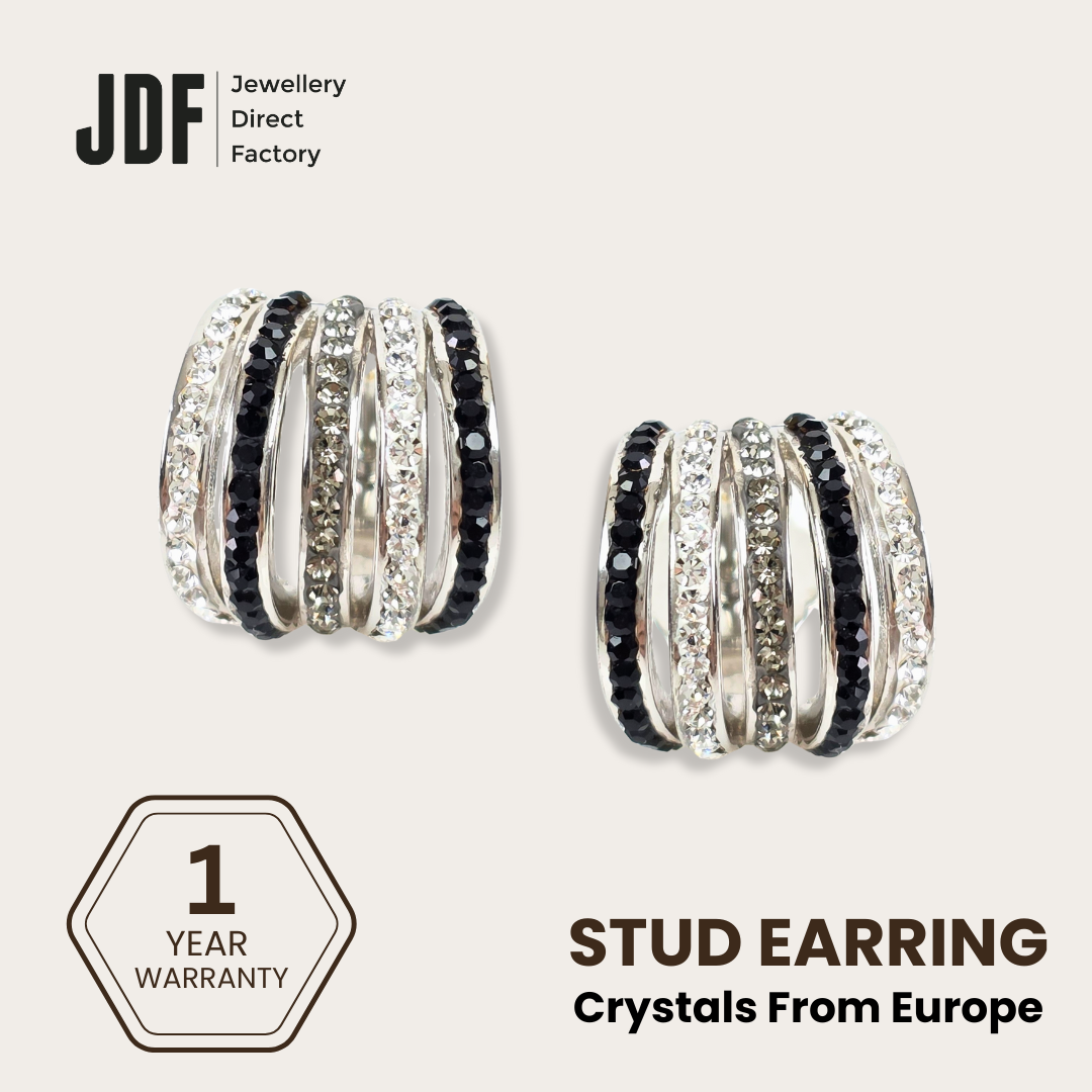 Multi-Band Stud Earrings with Crystals from Europe, Crystal Earrings, Silver, Crystals from Europe, One-Year Warranty - Jewellery Direct Factory in alabaster background