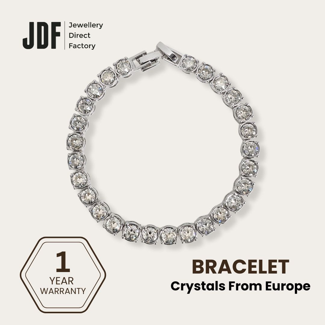 Tennis Bracelet 5mm with Crystal From Europe, Crystal Bracelet, Silver, Crystal From Europe, One-Year Warranty - Jewellery Direct Factory in alabaster background