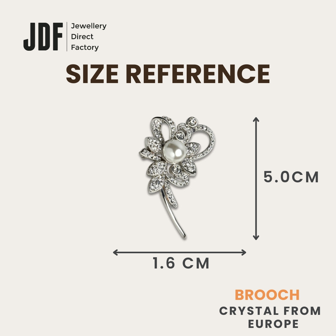 Sparkling Crystal Flower Brooch with Pearl, Brooch, Size Reference, Crystals from Europe, One-Year Warranty - Jewellery Direct Factory in alabaster background