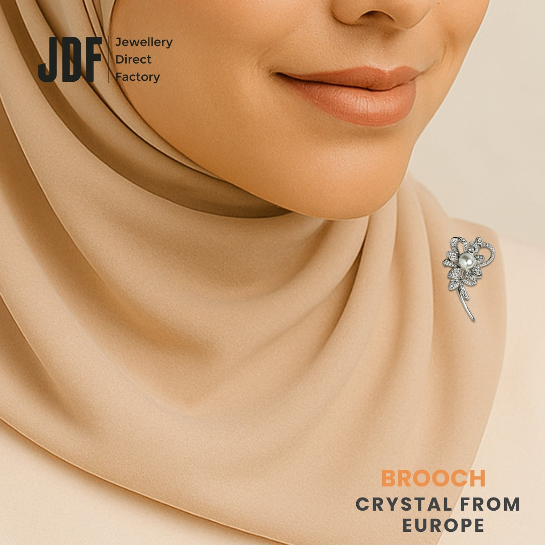 Sparkling Crystal Flower Brooch with Pearl, Brooch, Worn on Tudung by Model, Crystals from Europe, One-Year Warranty - Jewellery Direct Factory in alabaster background