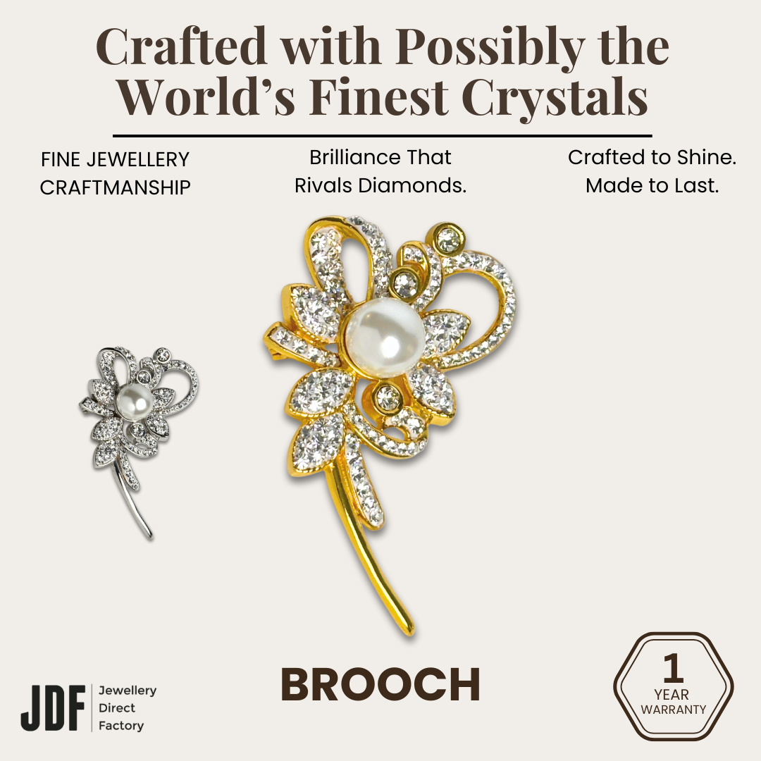 Sparkling Crystal Flower Brooch with Pearl, Brooch, Yellow Gold, White Gold, Crystals from Europe, One-Year Warranty - Jewellery Direct Factory in alabaster background