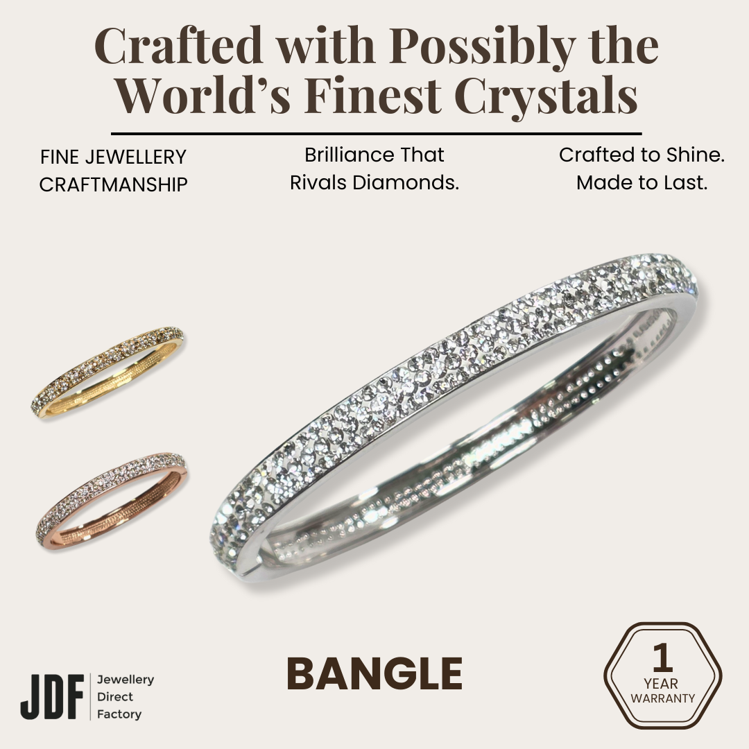 Sparkling European Crystal Bangle, Crystal Bangle, Gold Rose Gold White Gold, Crystal From Europe, One-Year Warranty - Jewellery Direct Factory in alabaster background