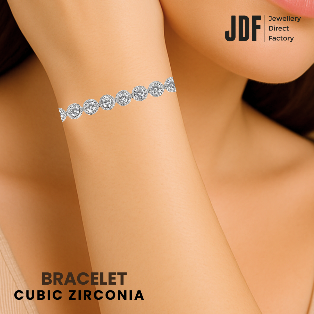 Sparkling Halo Round Bracelet with Cubic Zirconia, Crystal Bracelet, Worn by Woman Model, Cubic Zirconia, One-Year Warranty - Jewellery Direct Factory in alabaster background