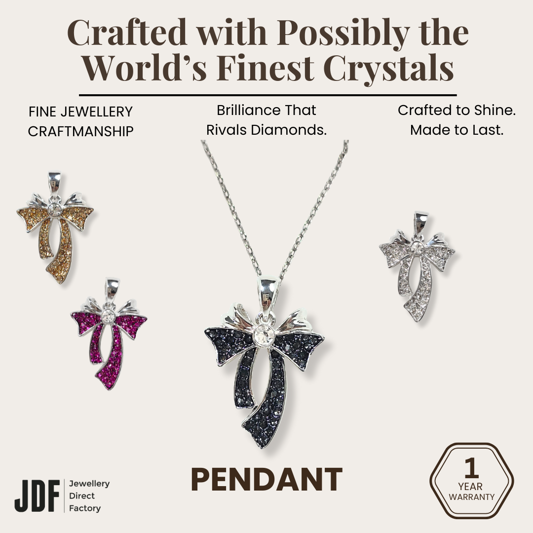 Sparkling Ribbon Bowknot Pendant, Pendant, Pink, Black, Gold, White, Crystals from Europe, One-Year Warranty - Jewellery Direct Factory in alabaster background