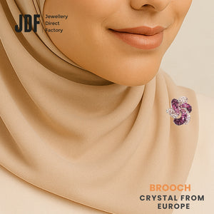 Spiral Petal Brooch with Crystal From Europe, Brooch, Worn on Tudung by Model, Crystals from Europe, One-Year Warranty - Jewellery Direct Factory in alabaster background