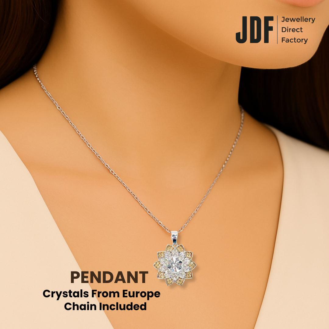 Sunburst Cluster Pendant with Crystal From Europe, Crystal Pendant Worn by Woman, Elegant Jewellery for Women, One-Year Warranty - Jewellery Direct Factory in alabaster background