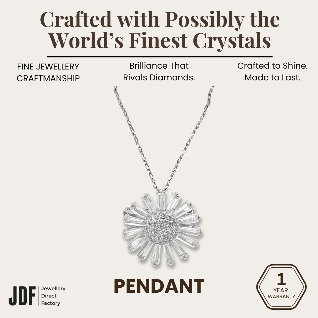 Sunlit Daisy Pendant Brooch with Cubic Zirconia, Pendant Brooch, White, Cubic Zirconia, One-Year Warranty - Jewellery Direct Factory in alabaster background