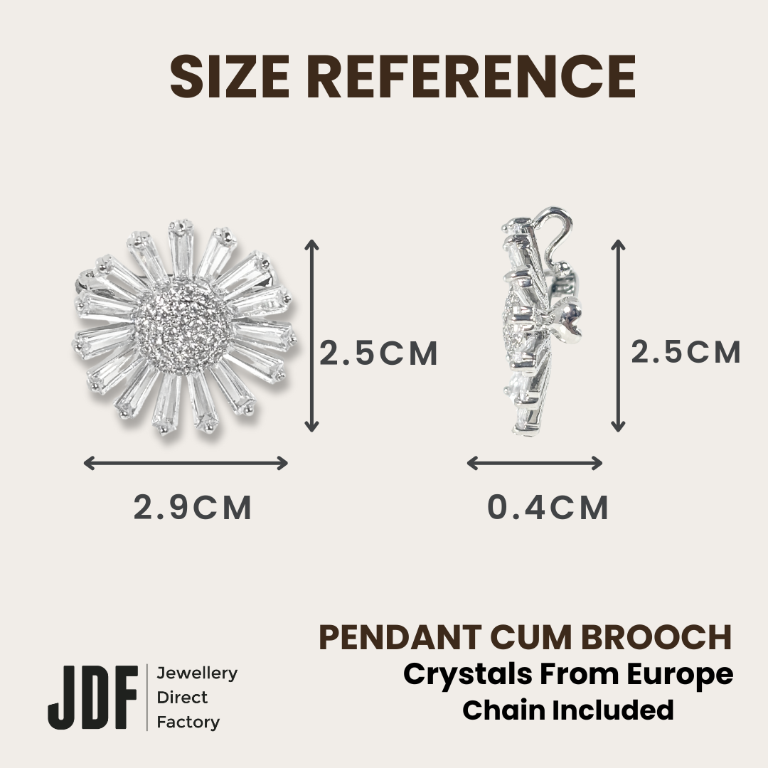Sunlit Daisy Pendant Brooch with Cubic Zirconia, Pendant Brooch, Size Reference, White, Cubic Zirconia, One-Year Warranty - Jewellery Direct Factory in alabaster background