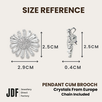 Sunlit Daisy Pendant Brooch with Cubic Zirconia, Pendant Brooch, Size Reference, White, Cubic Zirconia, One-Year Warranty - Jewellery Direct Factory in alabaster background