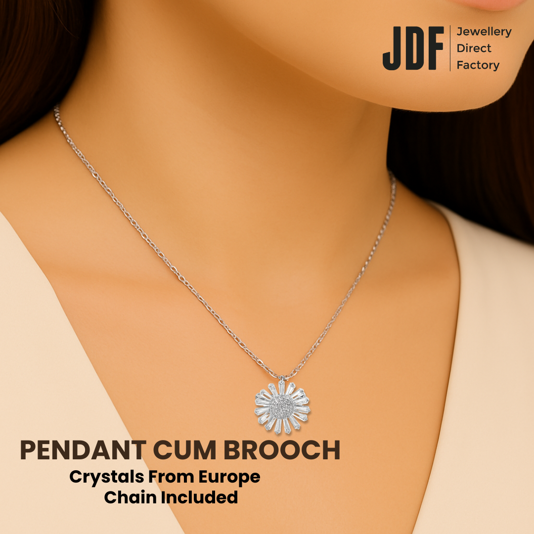 Sunlit Daisy Pendant Brooch with Cubic Zirconia, Pendant Brooch, Worn by Woman Model on Neck, White, Cubic Zirconia, One-Year Warranty - Jewellery Direct Factory in alabaster background