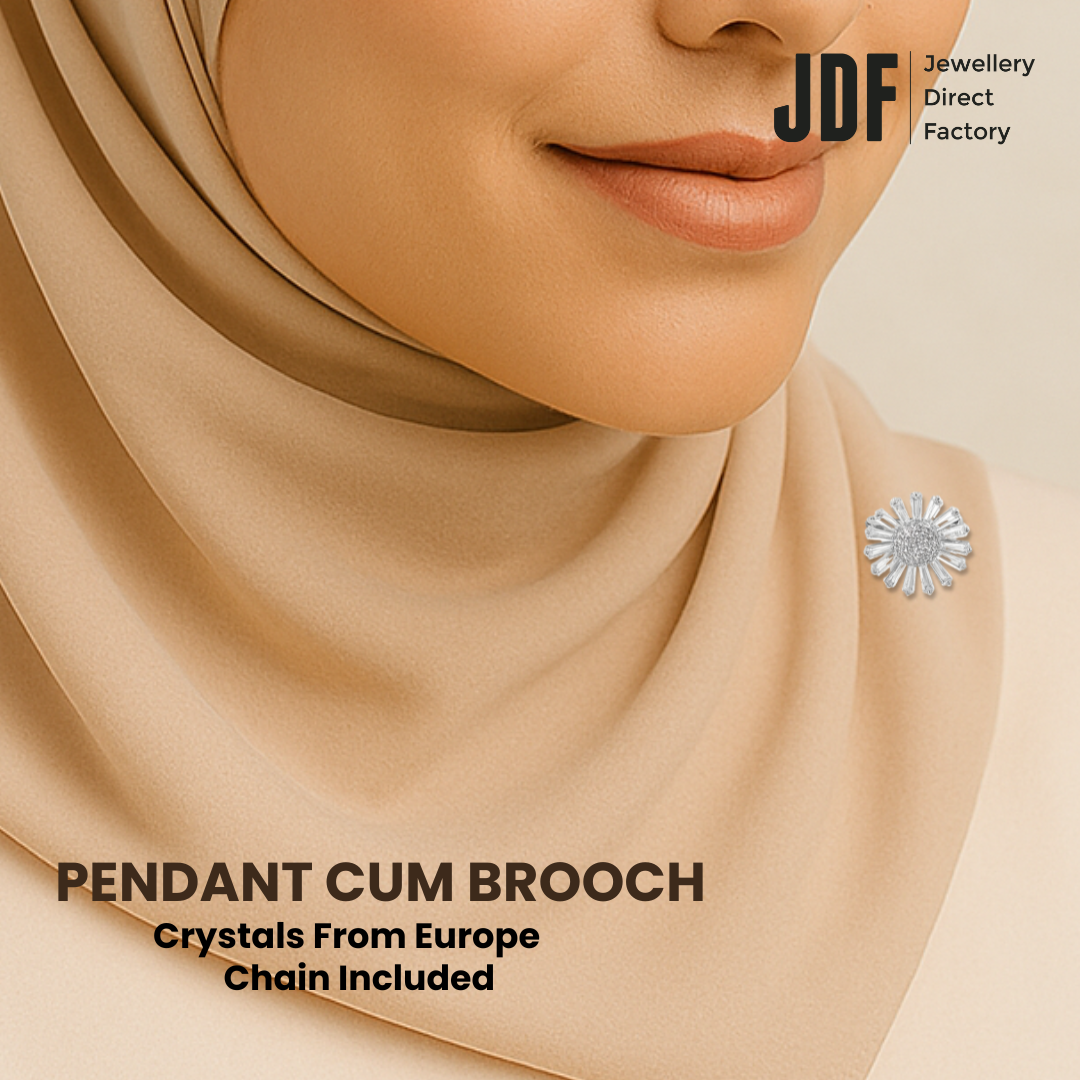 Sunlit Daisy Pendant Brooch with Cubic Zirconia, Pendant Brooch, Worn by Woman Model on Tudung, White, Cubic Zirconia, One-Year Warranty - Jewellery Direct Factory in alabaster background